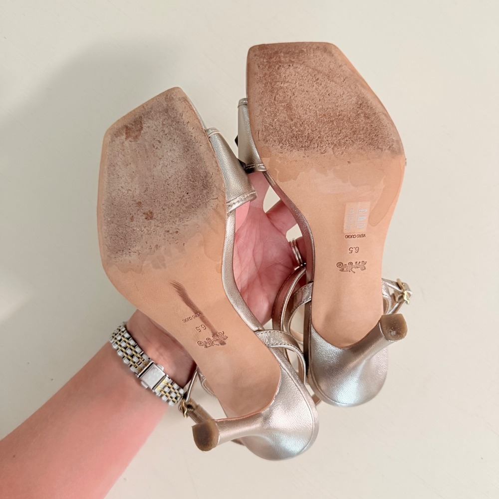Coach Womens Metallic Gold Leather C Logo Square Toe Stiletto Sandals 6.5 - Picture 7 of 9
